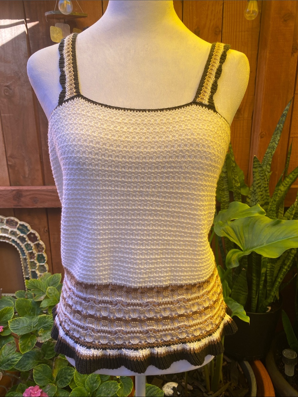 Warehouse One Striped Vintage Hem Knit Tank Top in Cream and Brown